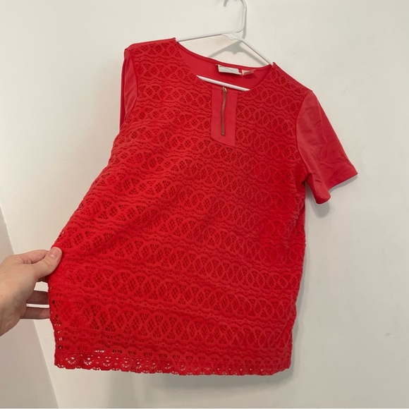 ALFRED DUNNER Coral Red Crochet Lace Overlay 1/4 Zip Zipper Short Sleeve Blouse - Picture 9 of 15
